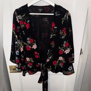 Dynamite Black Floral Kimono Wrap Blouse with Red Accents